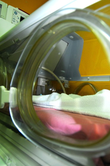 Blick durch eine geöffnete Klappe in das Innere eines Inkubators (Brutkasten) auf einer Neonatologie-Station. Zu sehen sind eine weiche Unterlage und ein weißes Tuch.